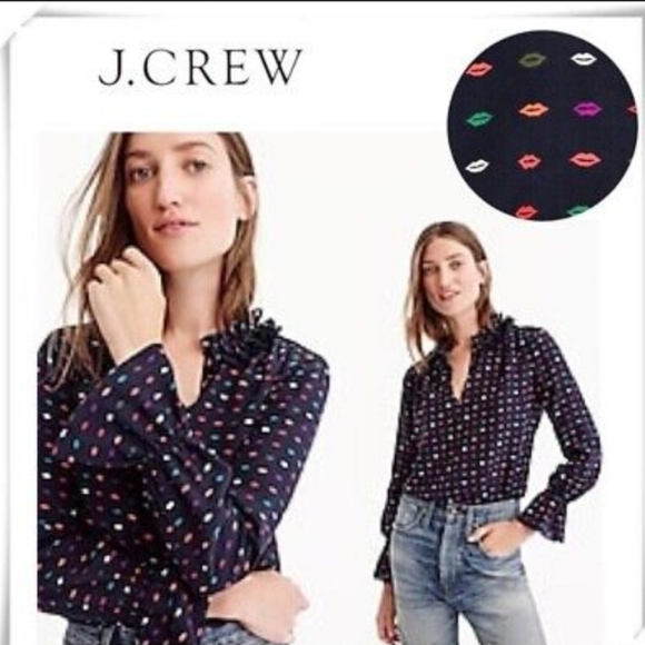 NWOT J Crew navy & lips silk blouse - Picture 2 of 9